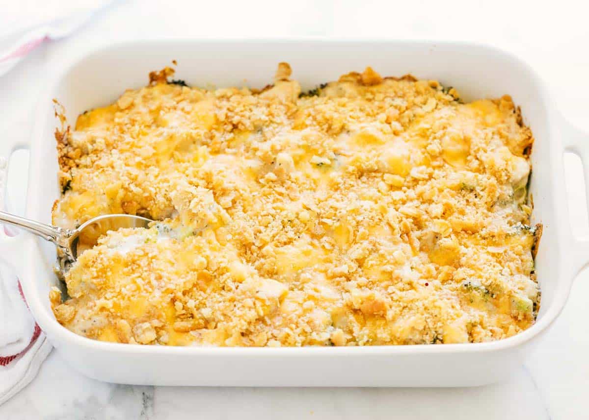 Chicken broccoli rice casserole in a casserole dish. 