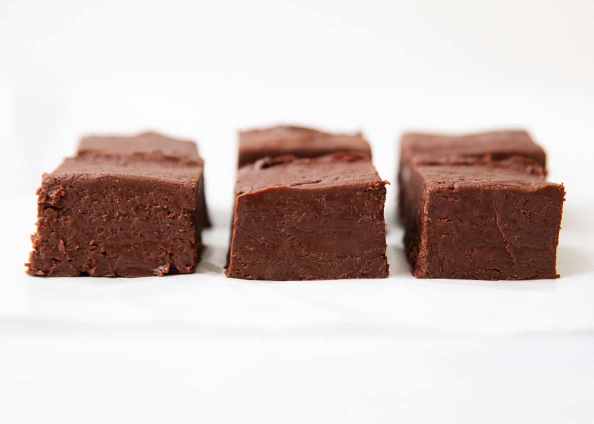 Craving silky smooth chocolate fudge but don't want to spend hours in the kitchen? This easy 3-ingredient fudge comes together in just 10 minutes for a quick chocolate fix your whole family will love. Chocolate fudge on counter.