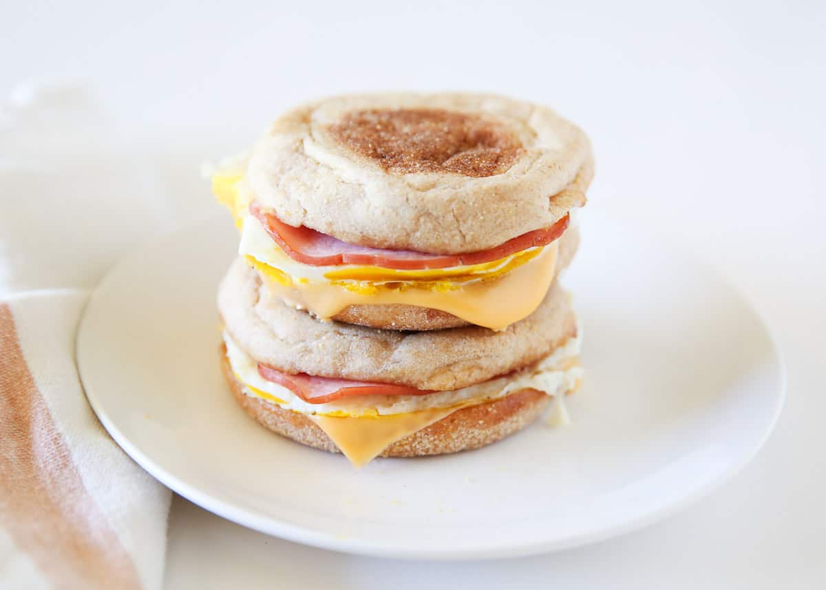 Egg Mcmuffin on a white plate. 
