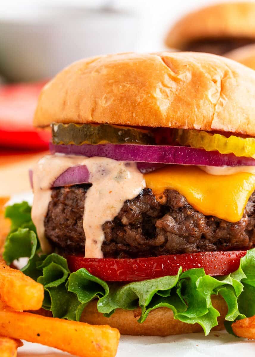 A burger with hamburger seasoning, grilled and on a bun with toppings.