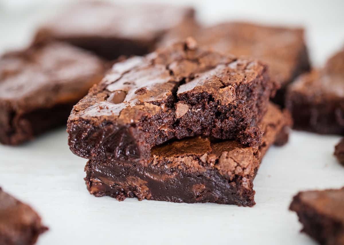 Brownies stacked on top of each other. 