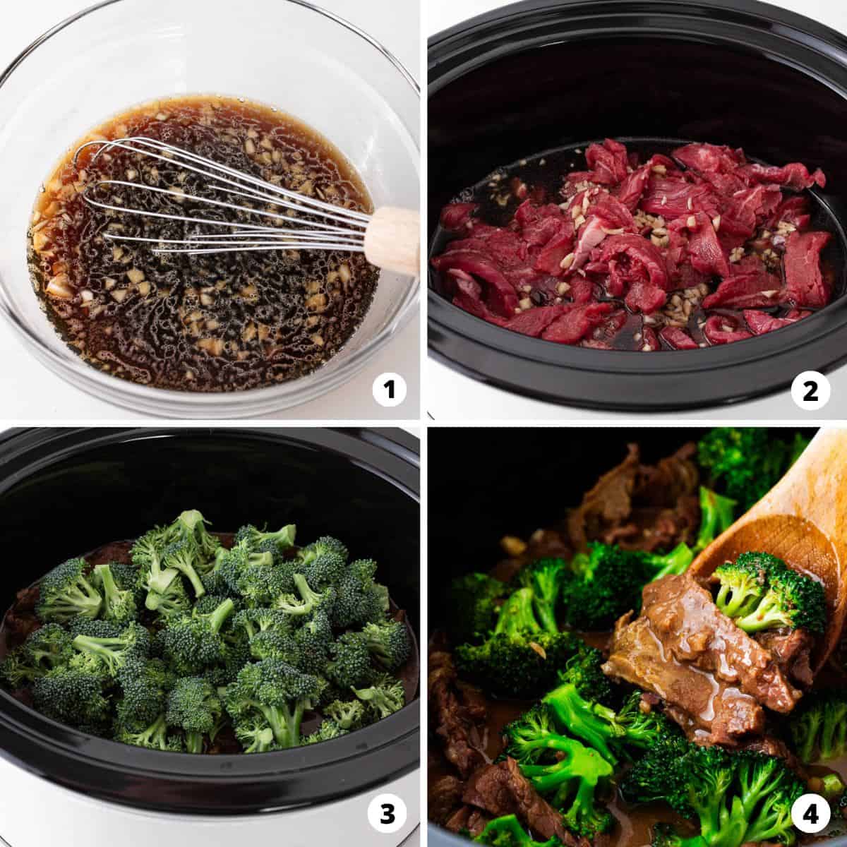 Showing how to make beef and broccoli in a 4 step collage.
