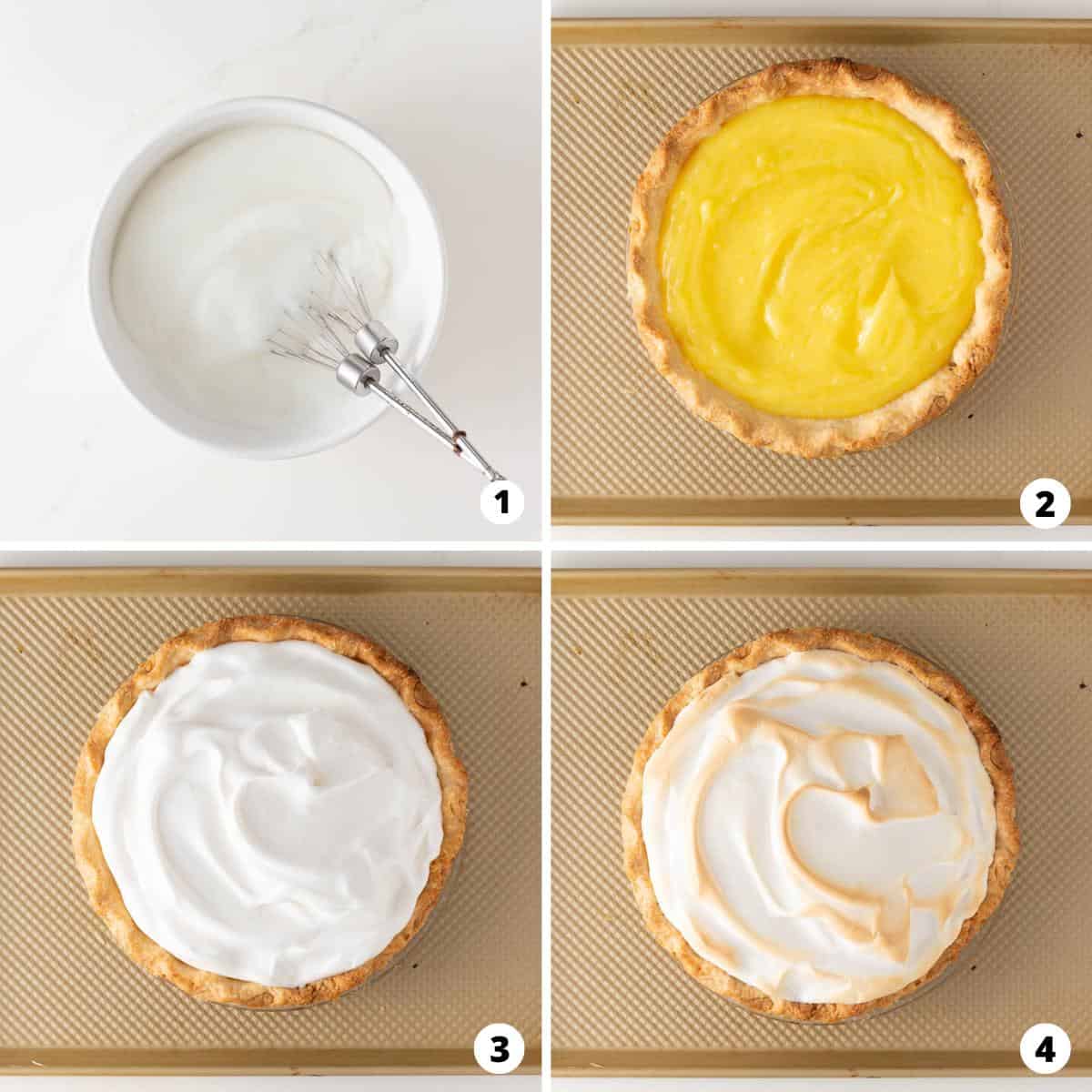 Showing how to make lemon meringue pie in a 4 step collage.