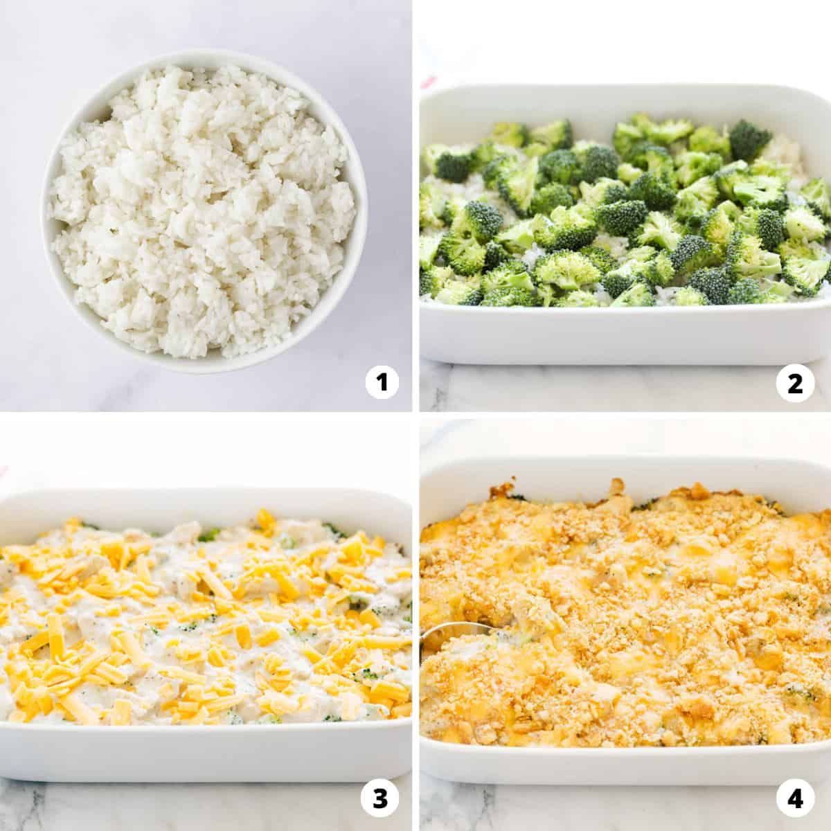 The steps to making chicken broccoli casserole in a four photo collage. 