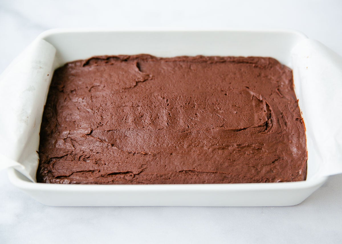 Chocolate fudge in a pan.