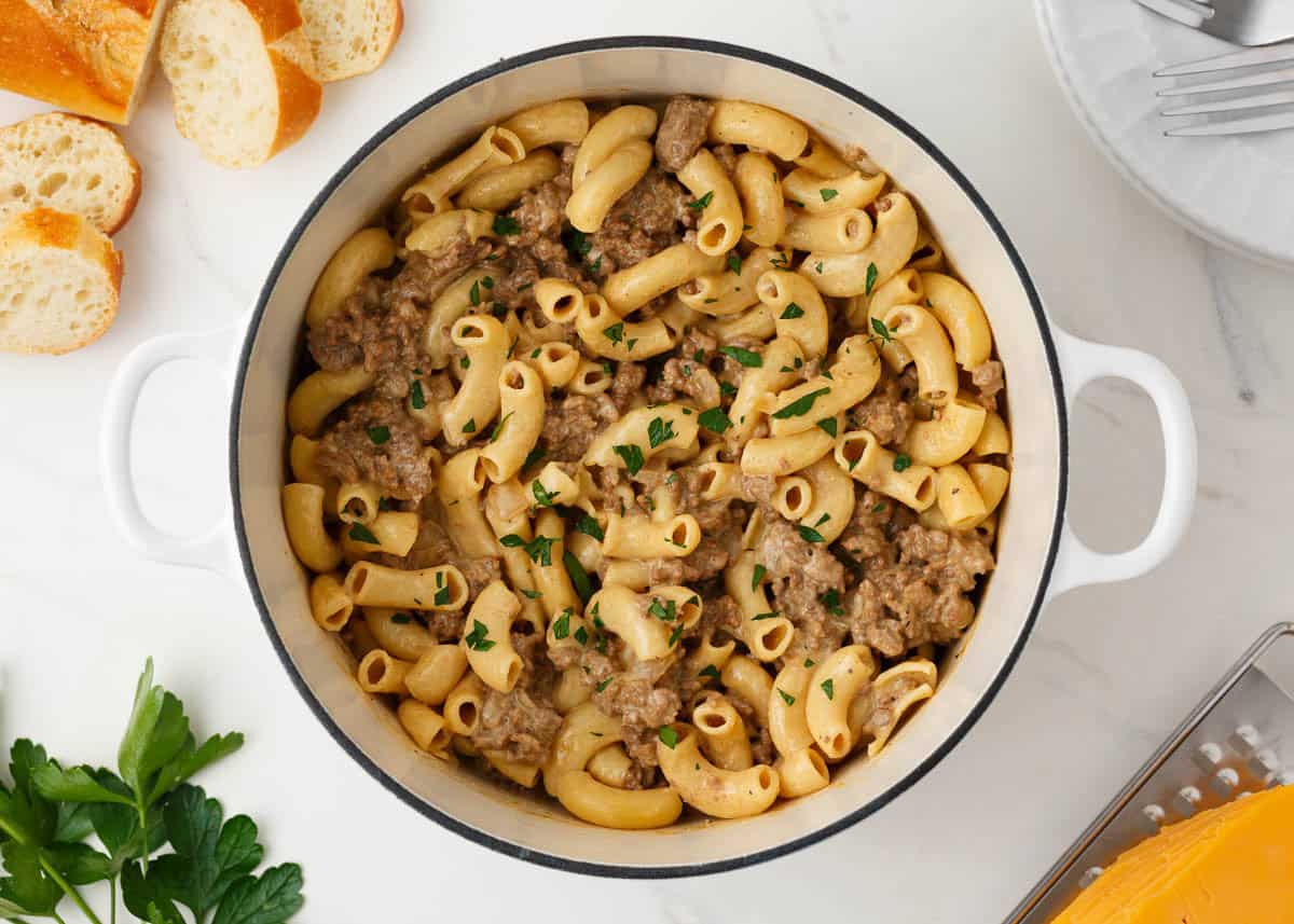 Creamy homemade hamburger helper with ground beef and macaroni finished in one pot.