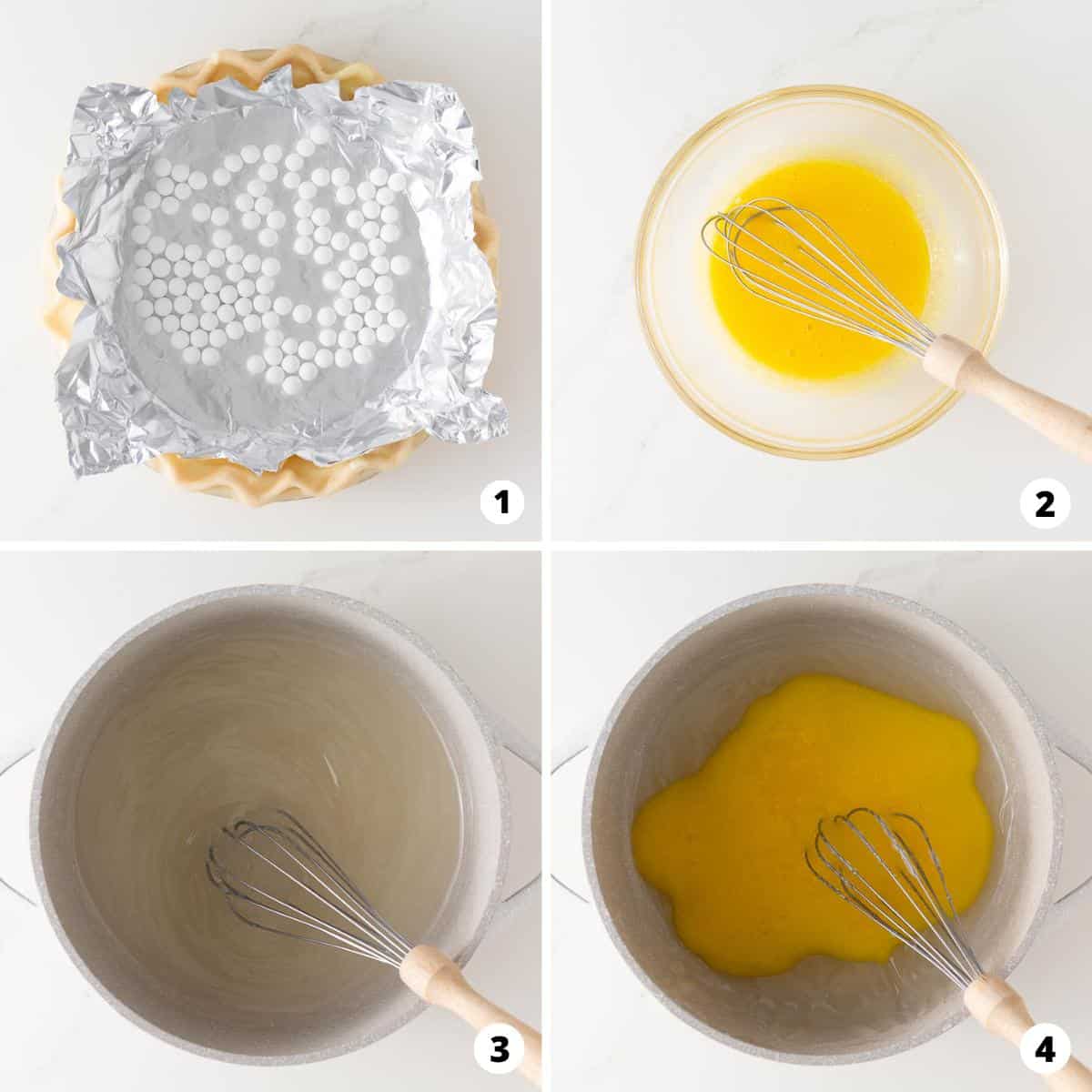 Showing how to make lemon meringue pie in a 4 step collage.