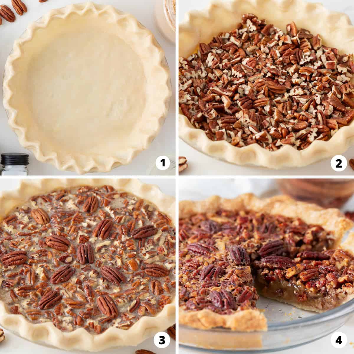 Showing how to make pecan pie in a 4 step collage.