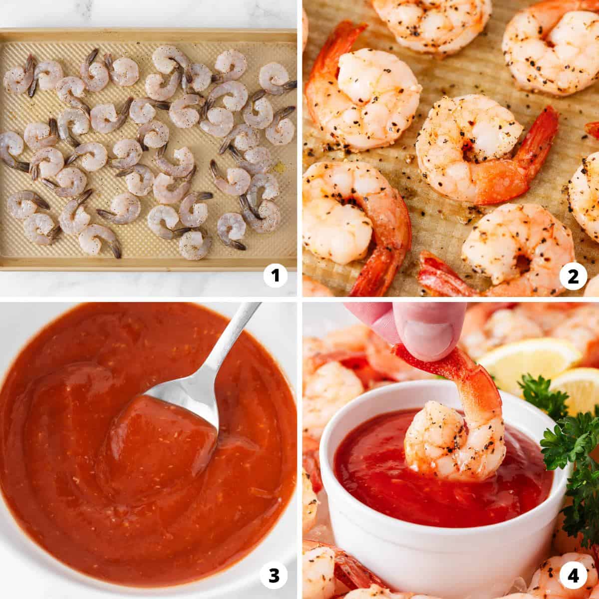 Showing how to make shrimp cocktail in a 4 step collage.