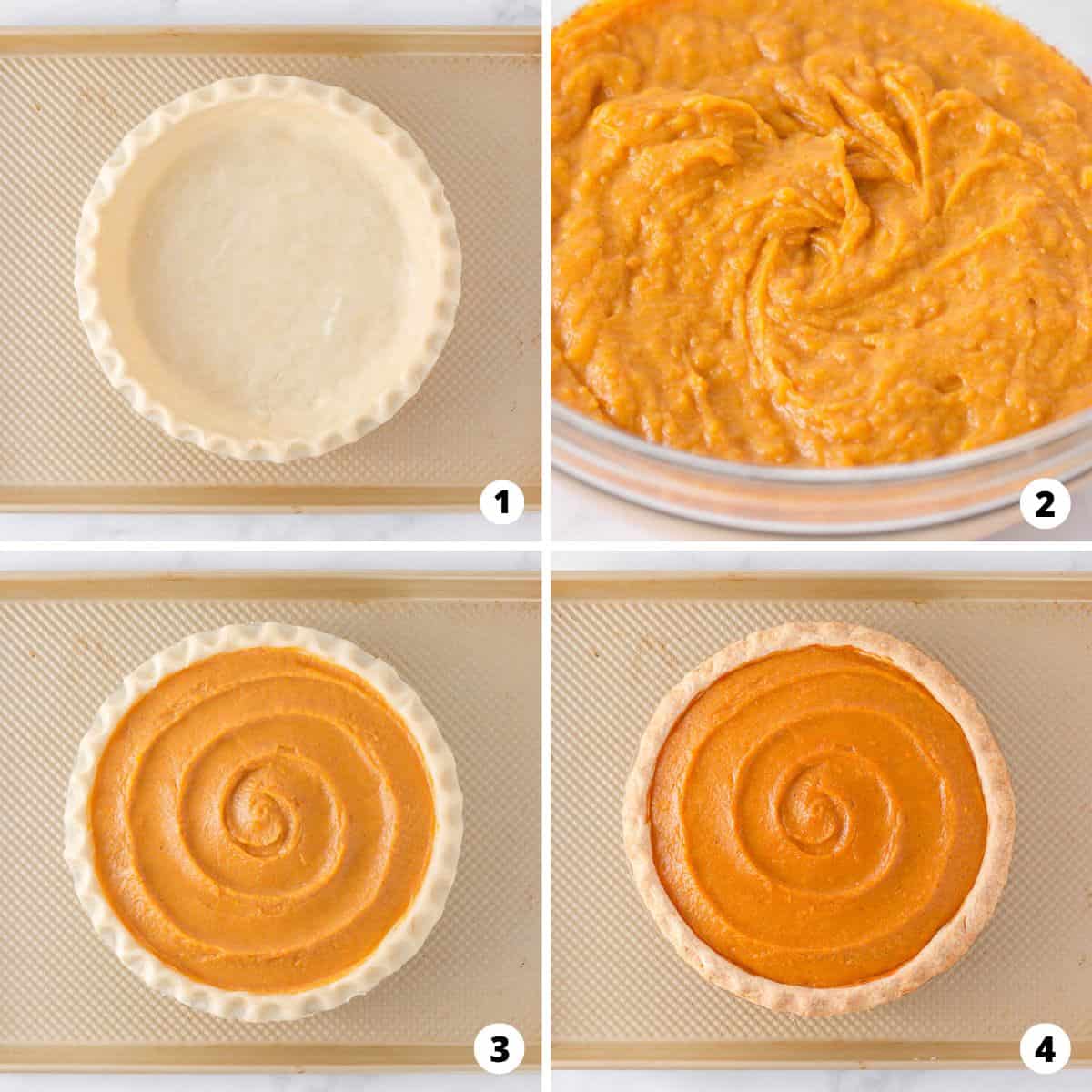 Showing how to make sweet potato pie in a 4 step collage. 