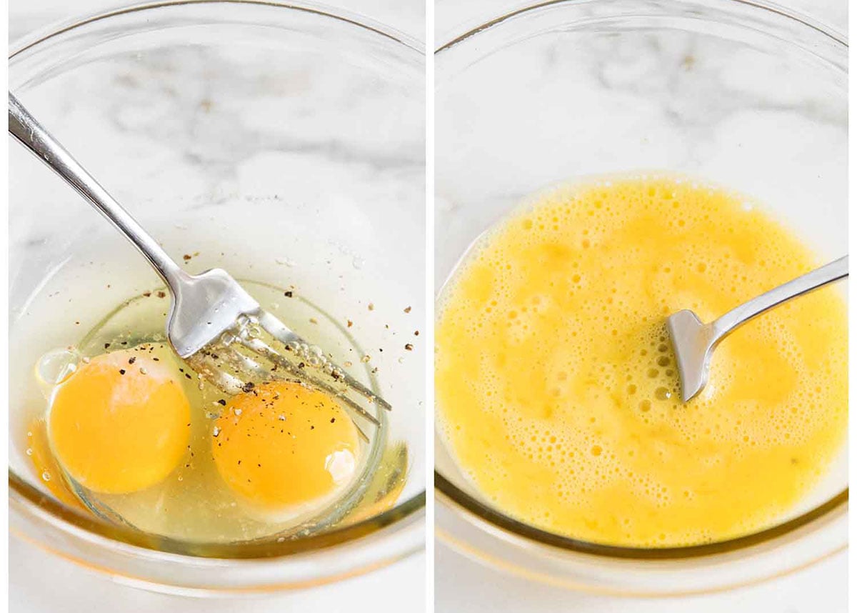 Two photos of eggs being beater in a glass bowl. 
