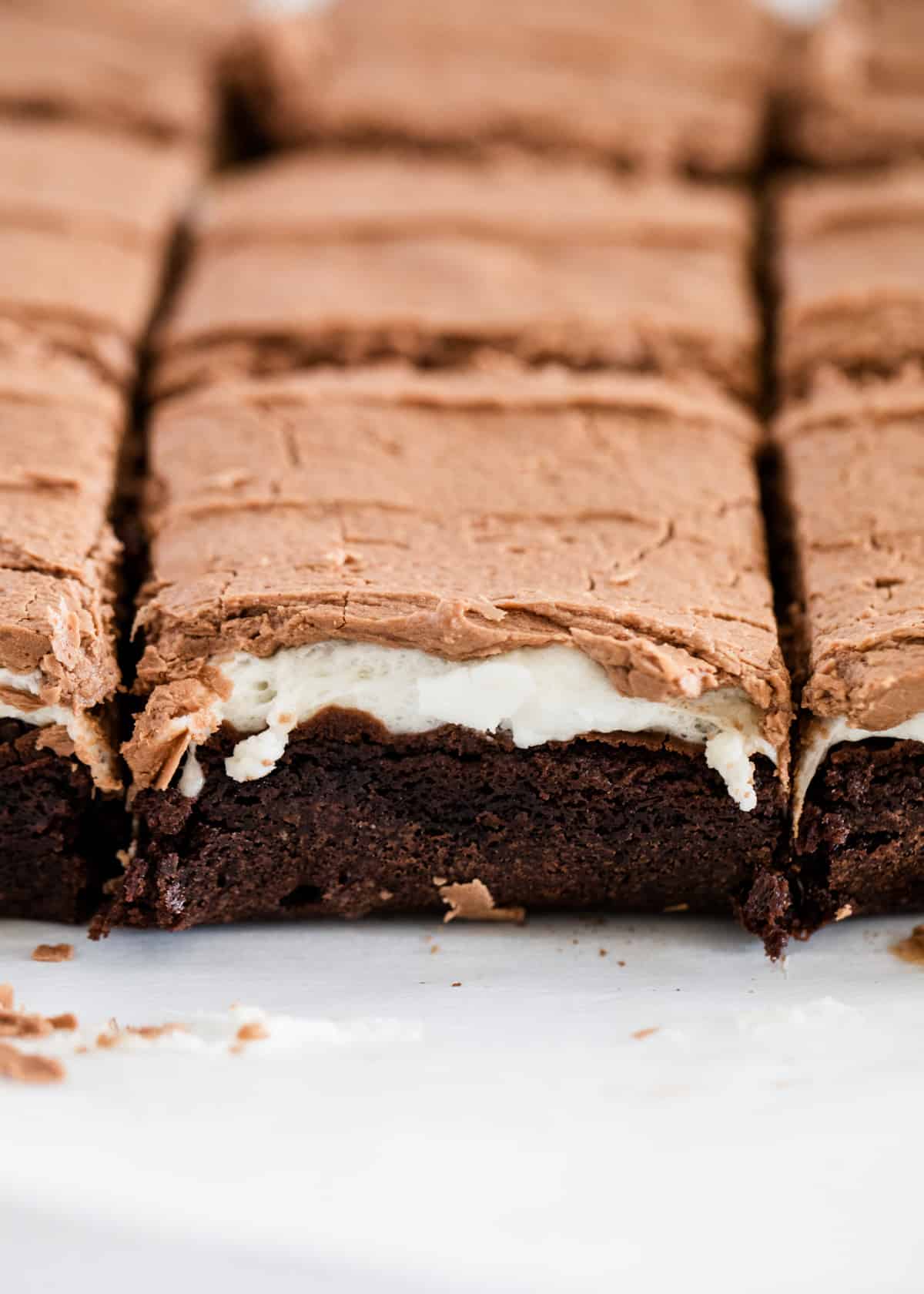Marshmallow brownies sliced in the pan. 