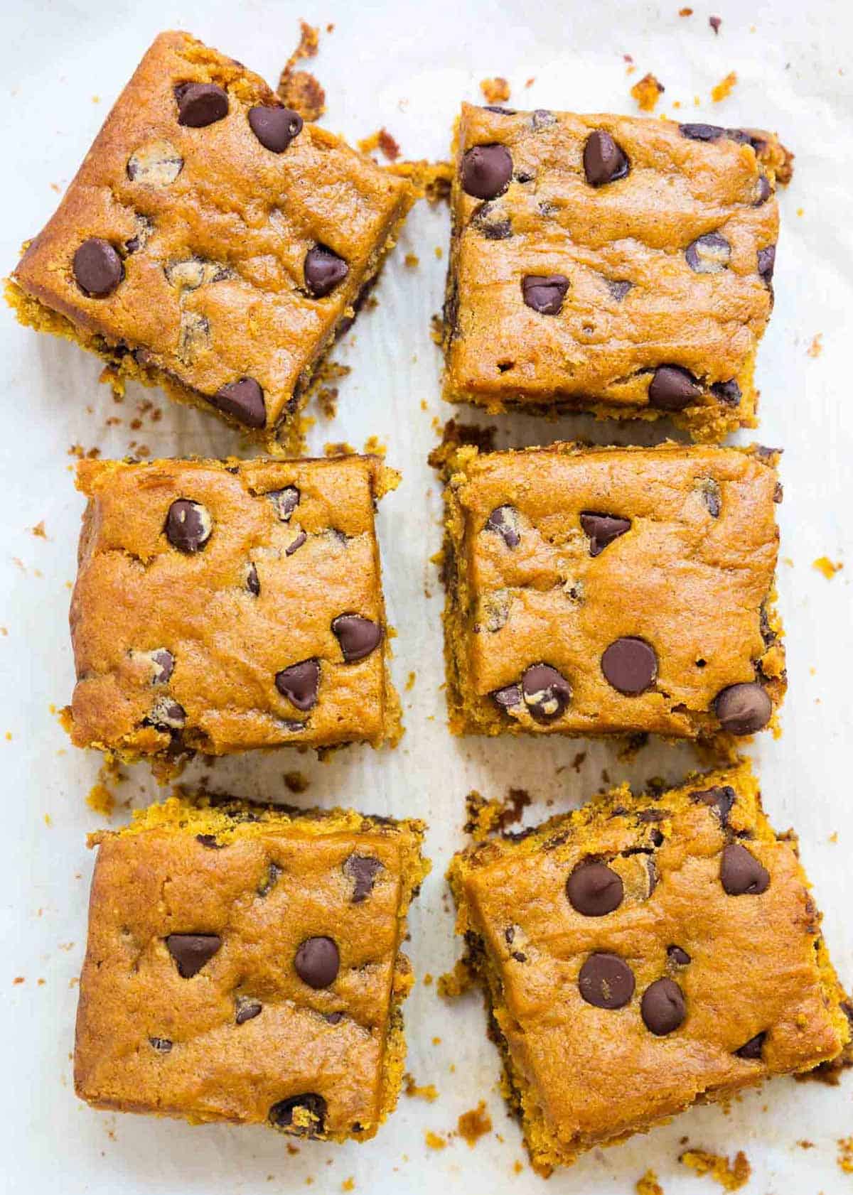 Pumpkin blondies cut into square pieces. 