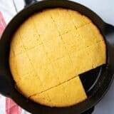 Skillet cornbread on counter.