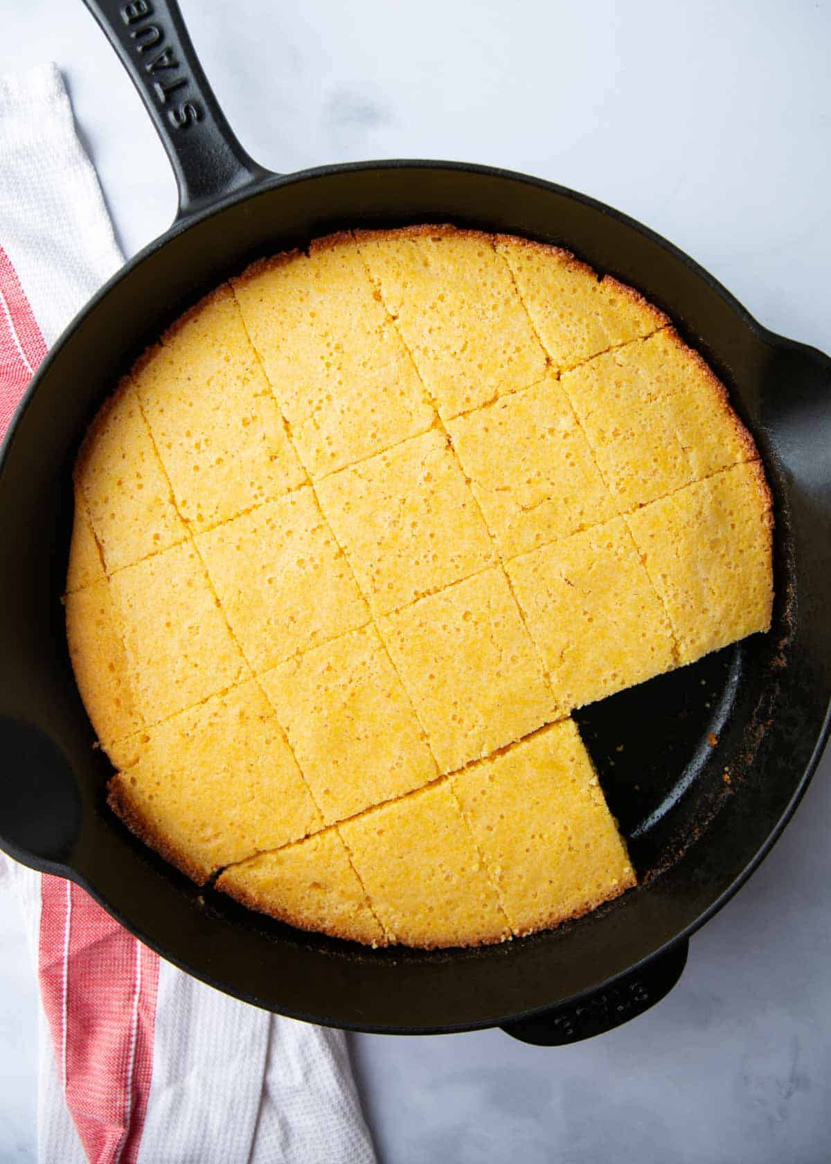 Skillet cornbread on counter.