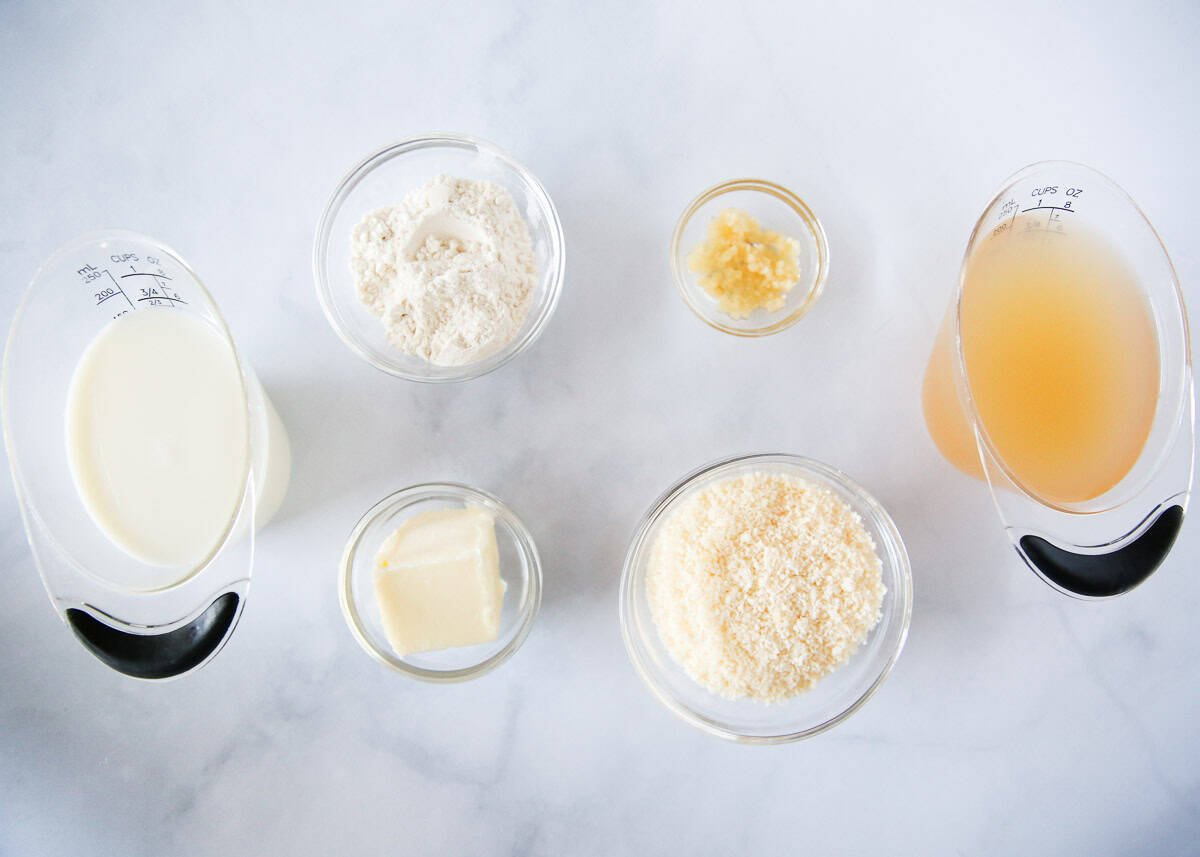 White sauce ingredients on the counter.