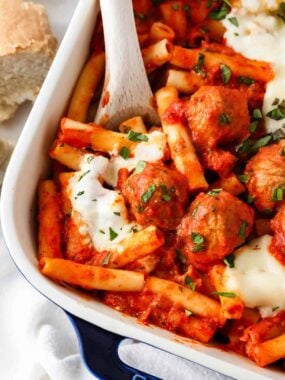 Spoonful on baked ziti with meatballs.