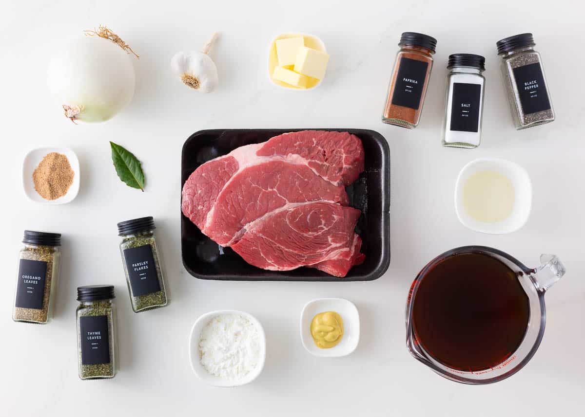 Beef tips ingredients on counter.