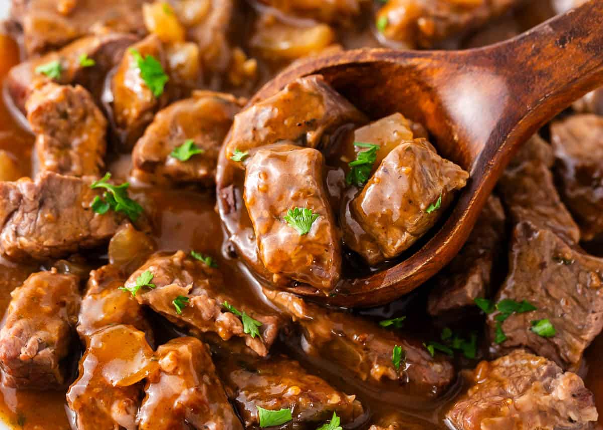 Beef tips in a pot.