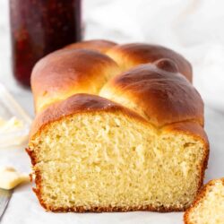 Sliced brioche bread on counter.