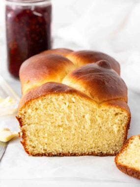 Sliced brioche bread on counter.