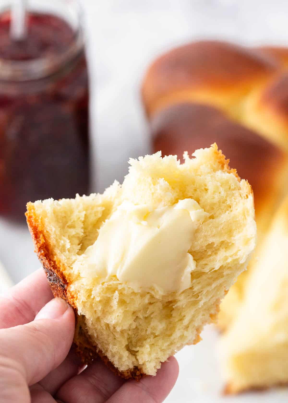 Piece of brioche bread with butter.