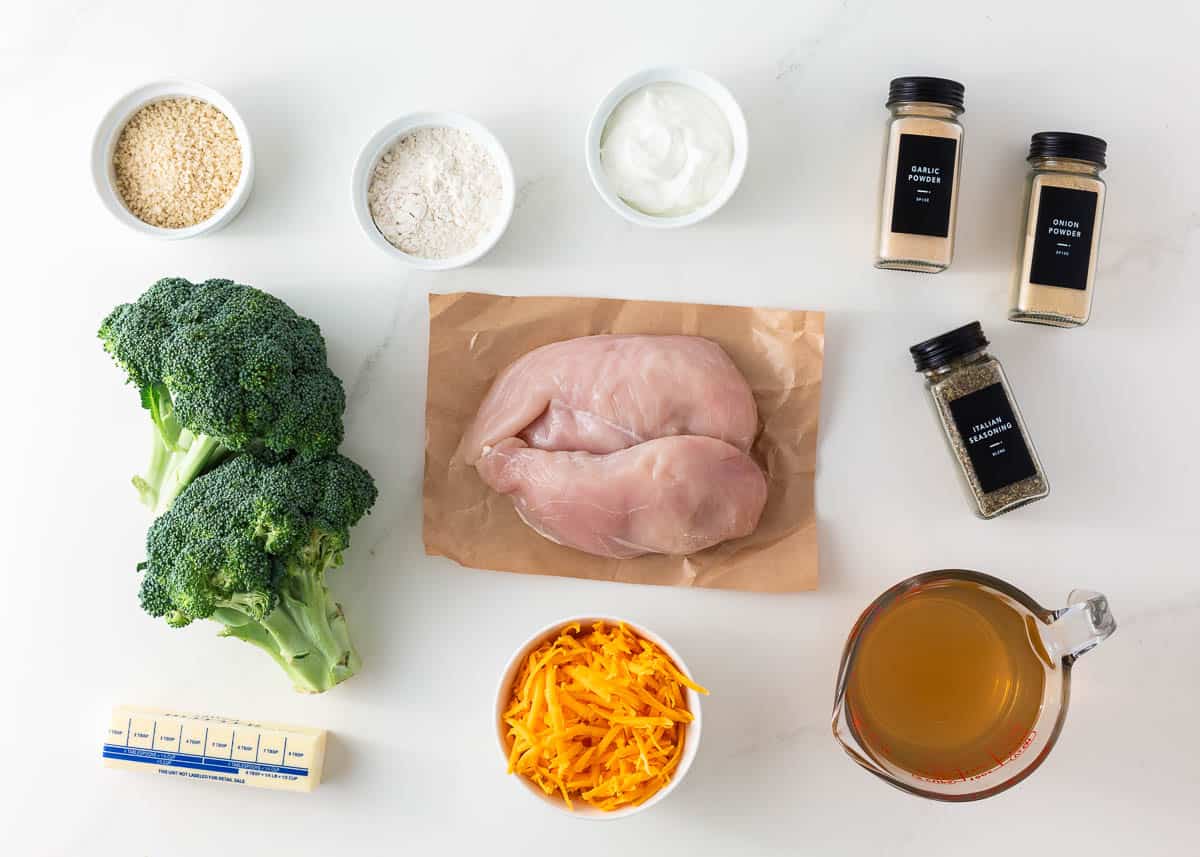 Chicken divan ingredients on counter.