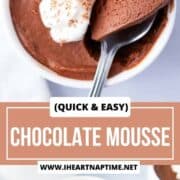Chocolate mousse with spoon and whipped cream in a bowl.