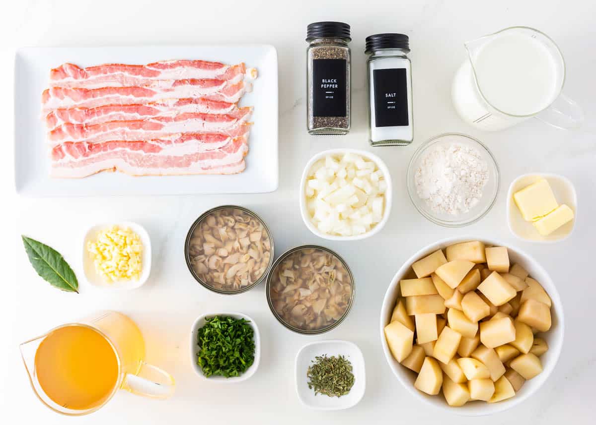 Clam chowder ingredients on the counter. 