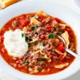 Crockpot lasagna soup in a bowl.