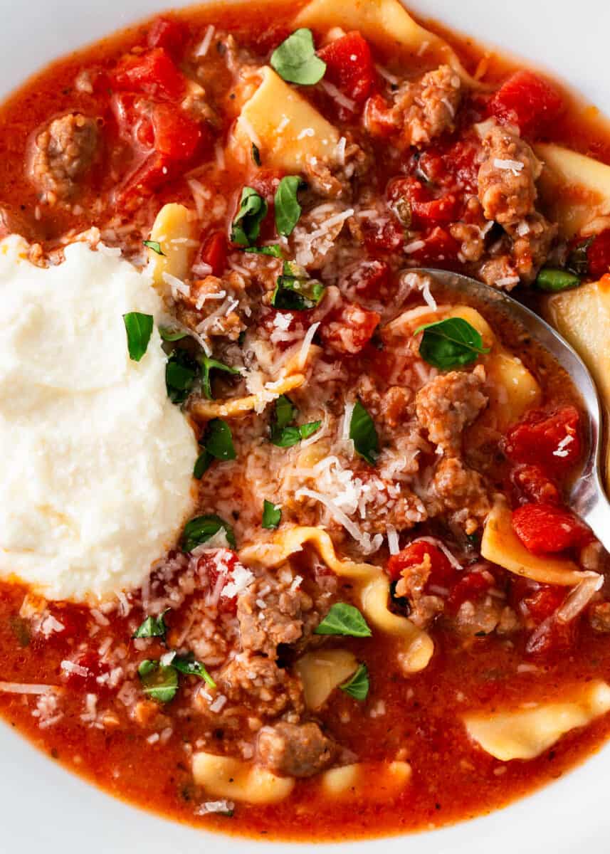 Bowl of lasagna soup in a crockpot.