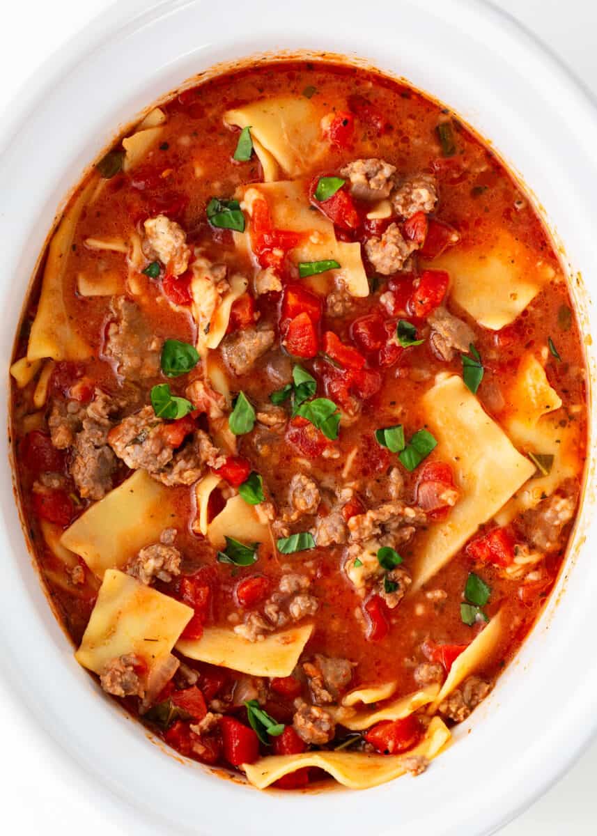 Lasagna soup in a crockpot.