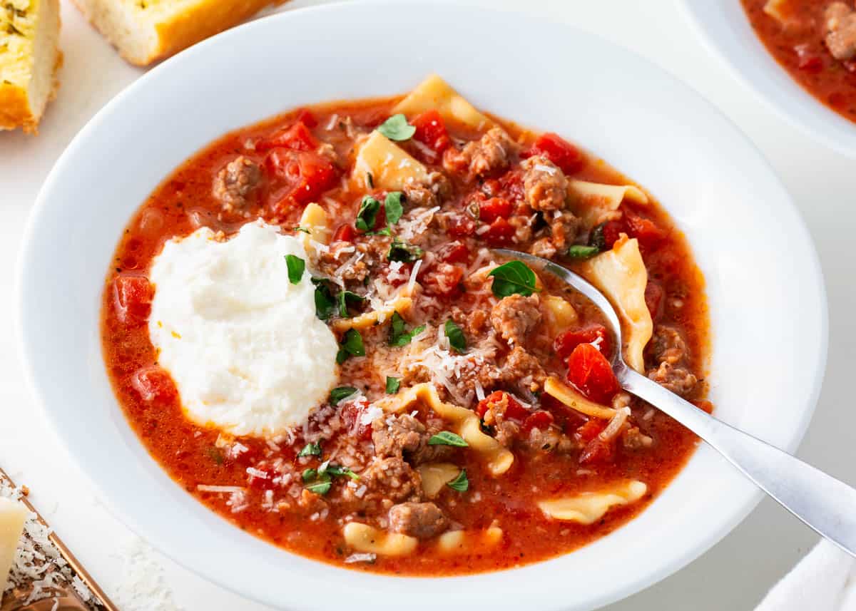 Crockpot lasagna soup in a bowl.