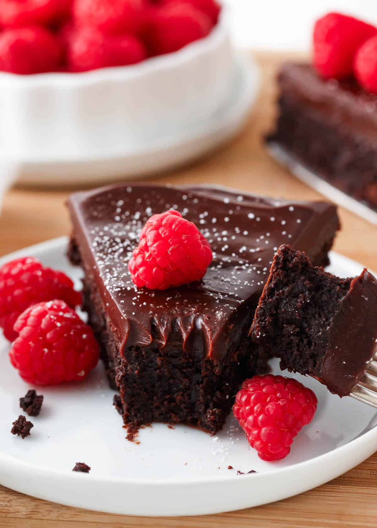 Slice of flourless chocolate cake.