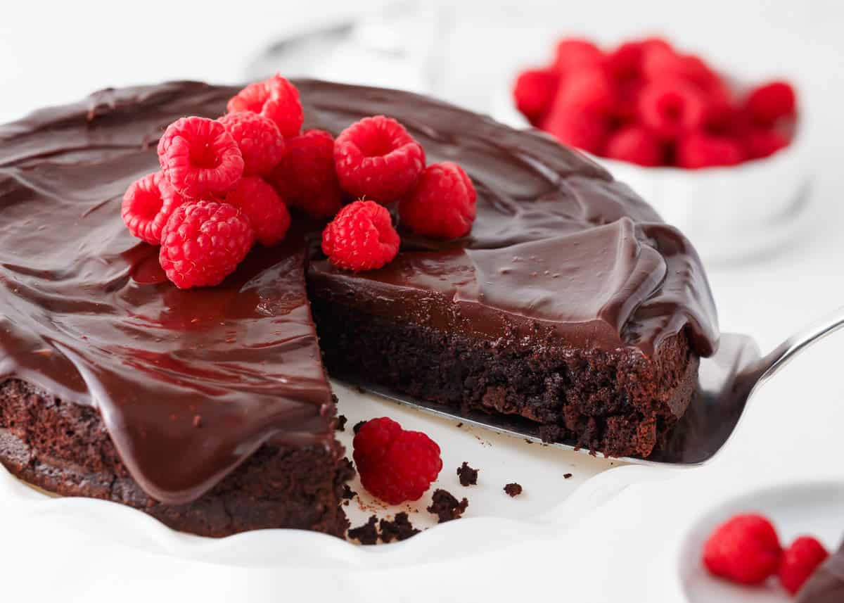 Slice of flourless chocolate cake.