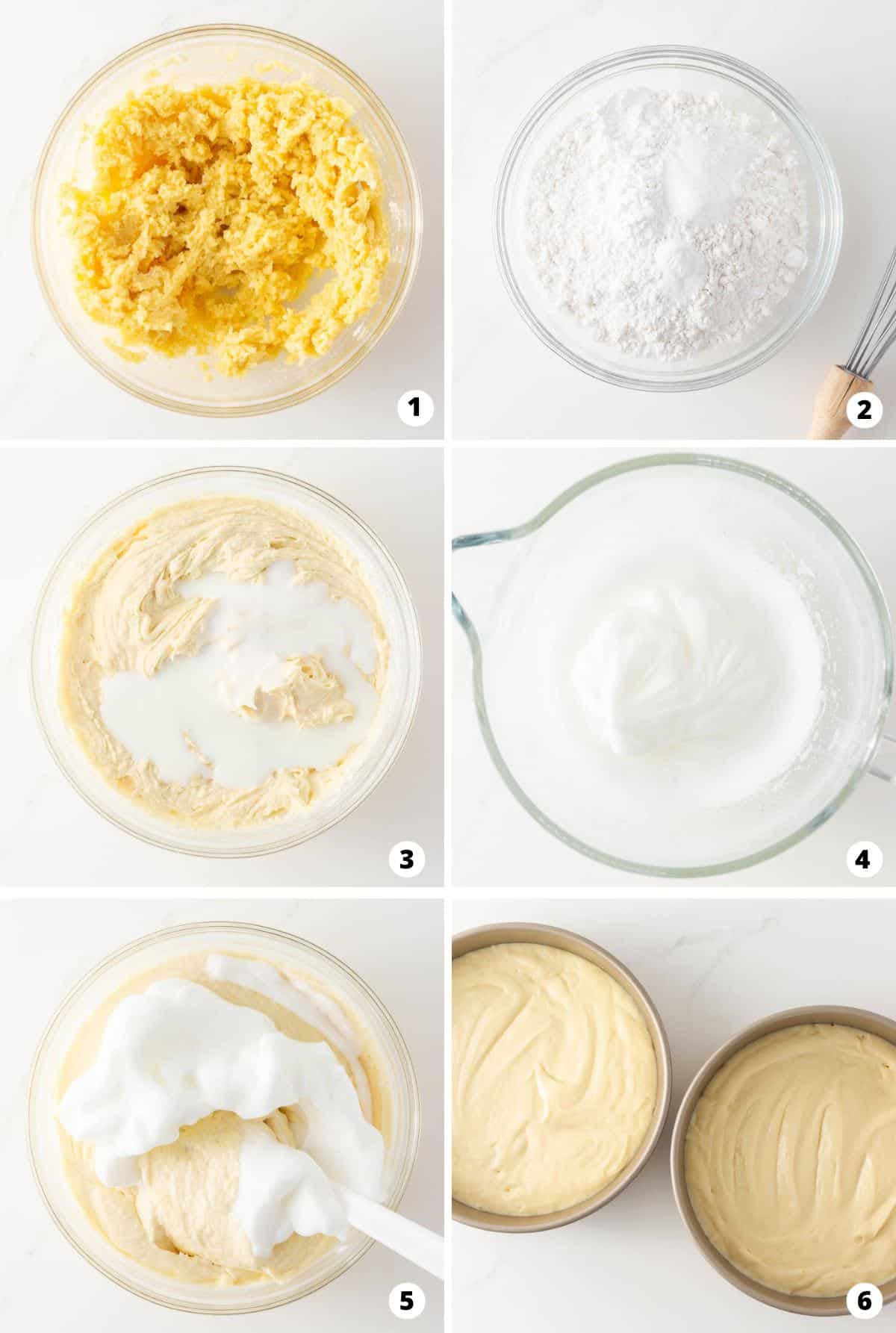 Showing how to make yellow cake in a 6 step collage.