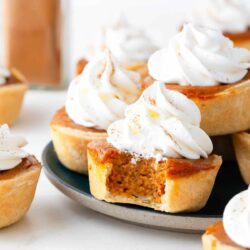 Mini pumpkin pies with whipped cream on a plate.