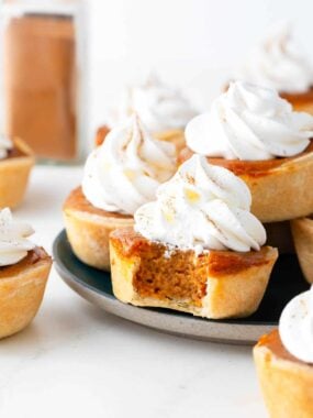 Mini pumpkin pies with whipped cream on a plate.