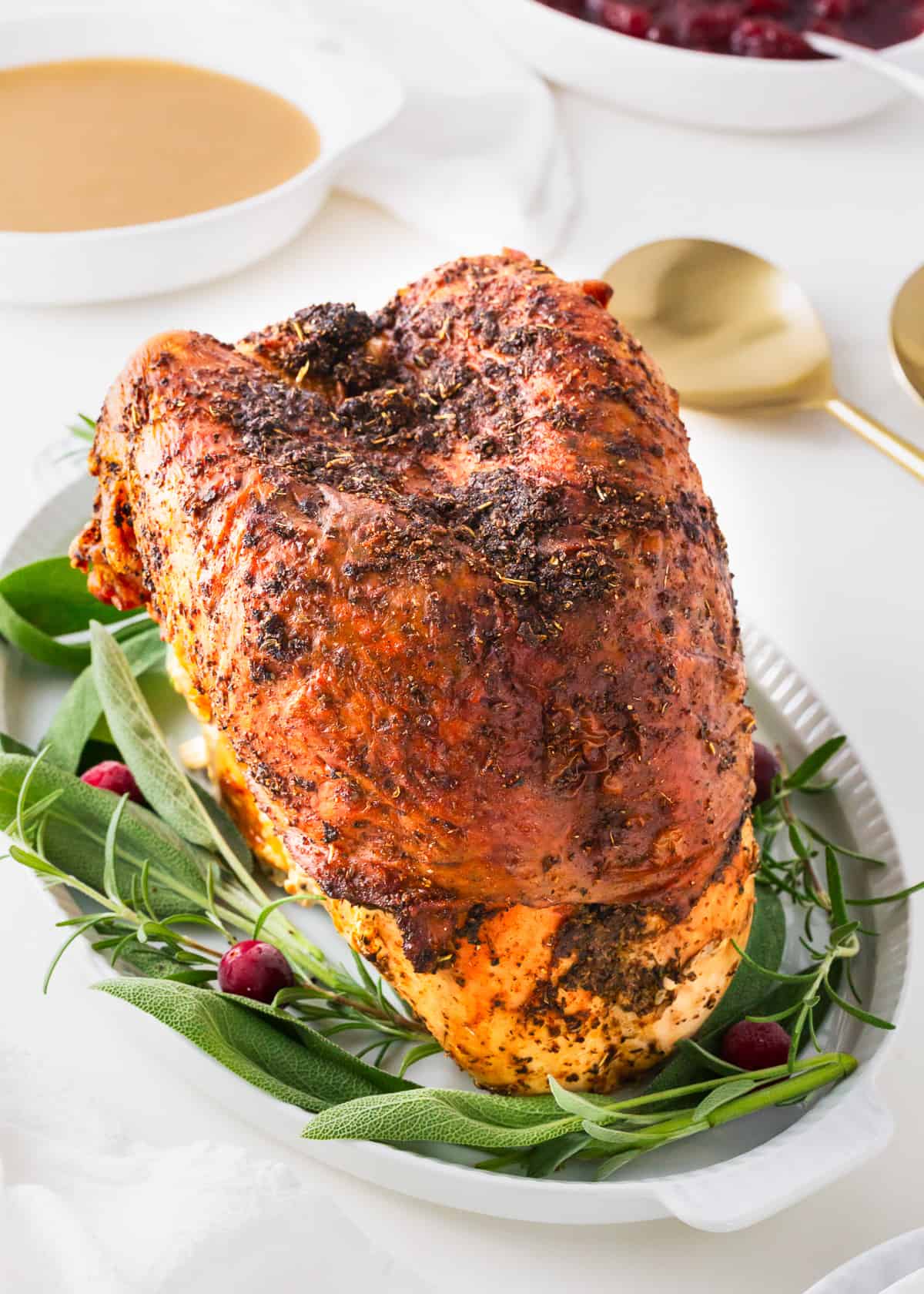 Roasted turkey breast on a platter.
