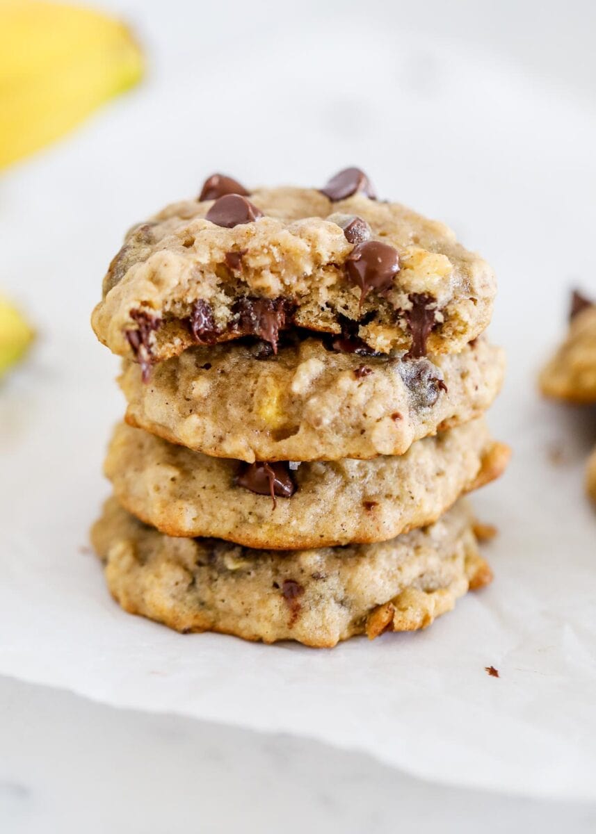 Stack of banana chocolate chip oatmeal cookies.