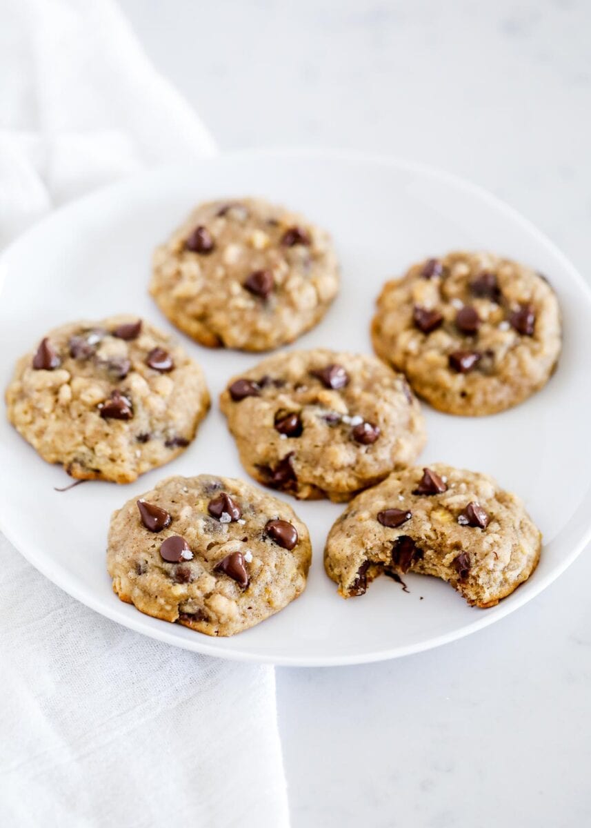 Banana chocolate chip oatmeal cookies on plate.