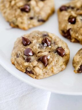 Banana chocolate chip oatmeal cookies on a plate.