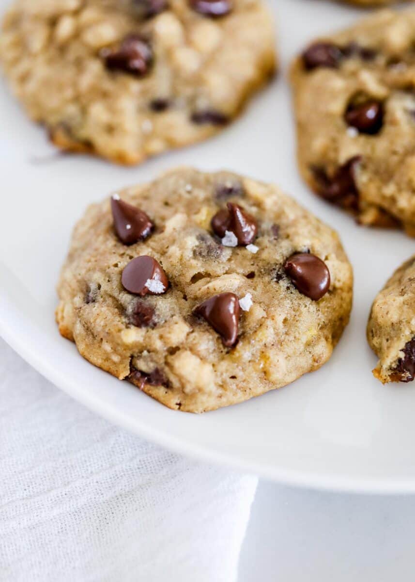 Banana chocolate chip oatmeal cookies on a plate.