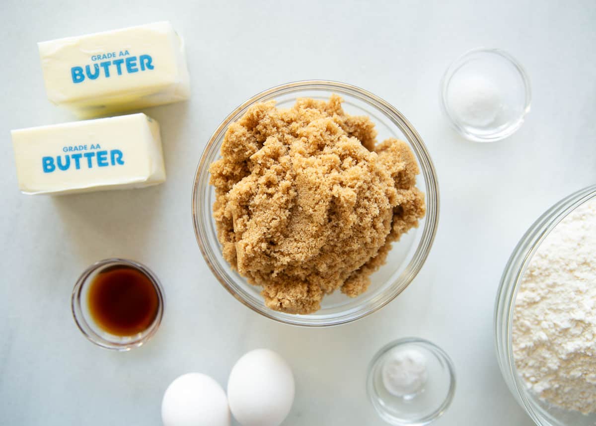 Brown sugar cookie ingredients on counter.