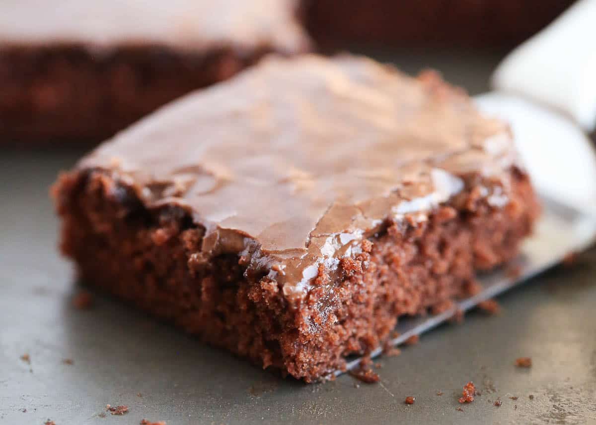 Slice of cake with chocolate icing.