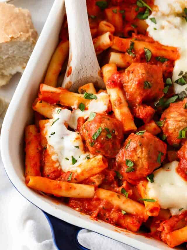 Spoonful on baked ziti with meatballs.