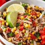 Spoonful of shredded Mexican chicken.