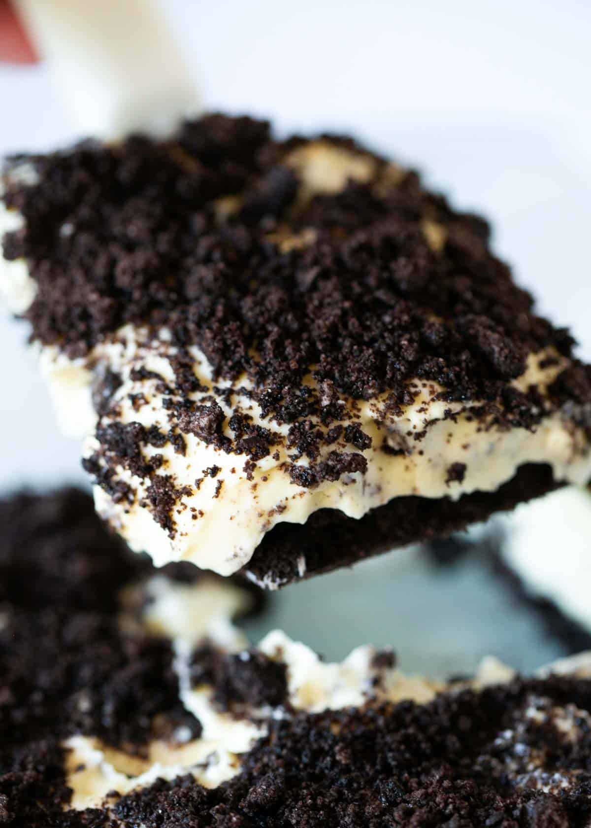 Slice of oreo dirt cake.