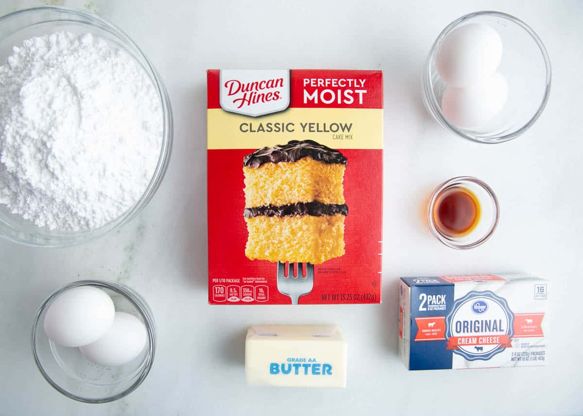 Gooey butter cake ingredients on counter.