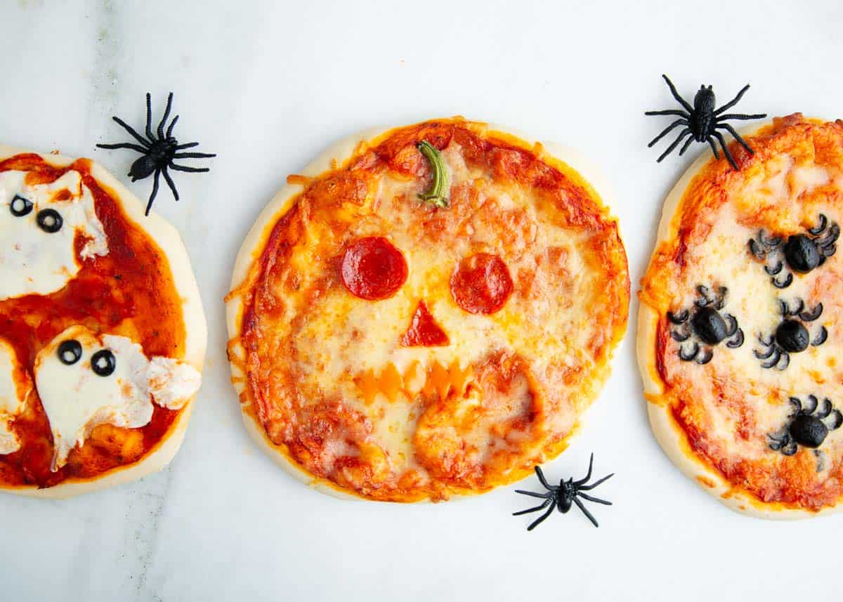 Halloween pizza on a counter.